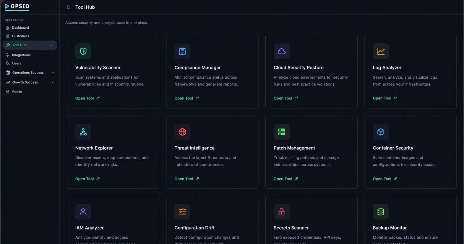 Opsio Shield — tool hub with vulnerability scanner, compliance manager and cloud security posture