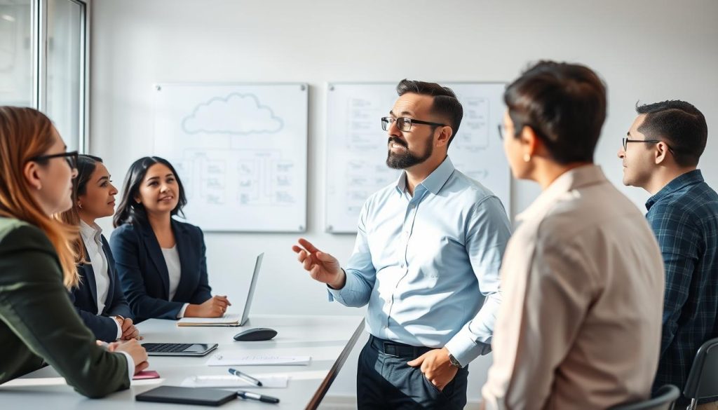 A cloud solutions consultant discussing strategy with clients around a conference table A cloud solutions consultant discussing strategy with clients around a conference table