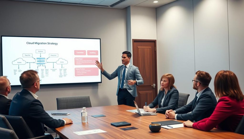 A consultant explaining cloud migration strategy to clients using Opsio's tools