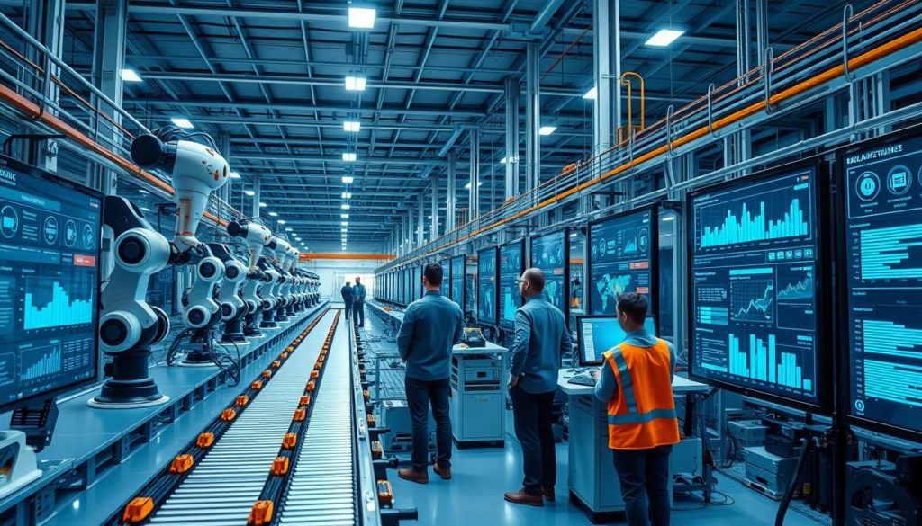 AI-powered manufacturing automation showing robots and digital interfaces optimizing factory workflow AI-powered manufacturing automation showing robots and digital interfaces optimizing factory workflow