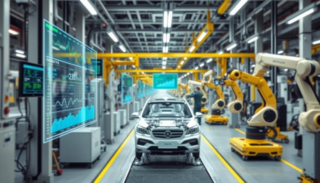 AI systems monitoring an automotive assembly line with robots and human workers collaborating AI systems monitoring an automotive assembly line with robots and human workers collaborating