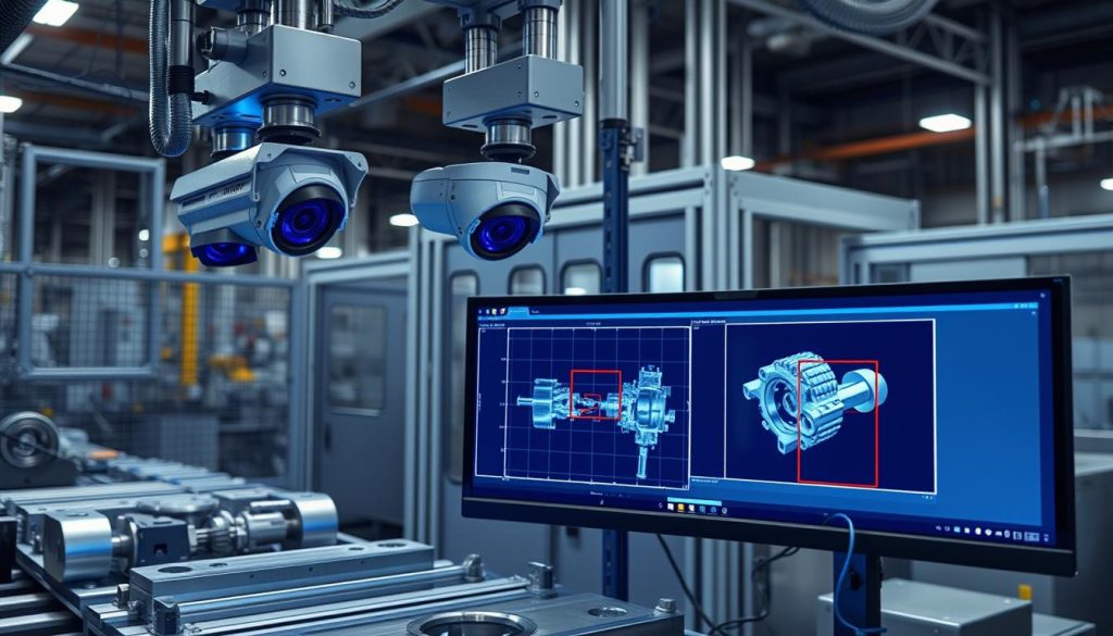 AI vision inspection system analyzing manufactured parts on a production line with highlighted defect detection