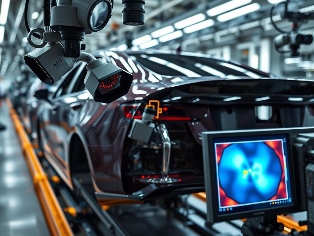 AI visual inspection system detecting paint defects on a car body in real-time