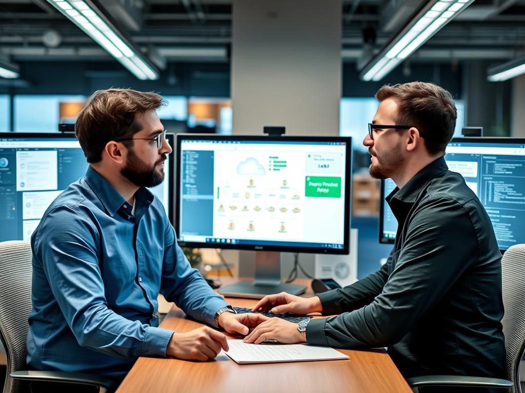 AWS consultant and Opsio engineer collaborating on cloud architecture design