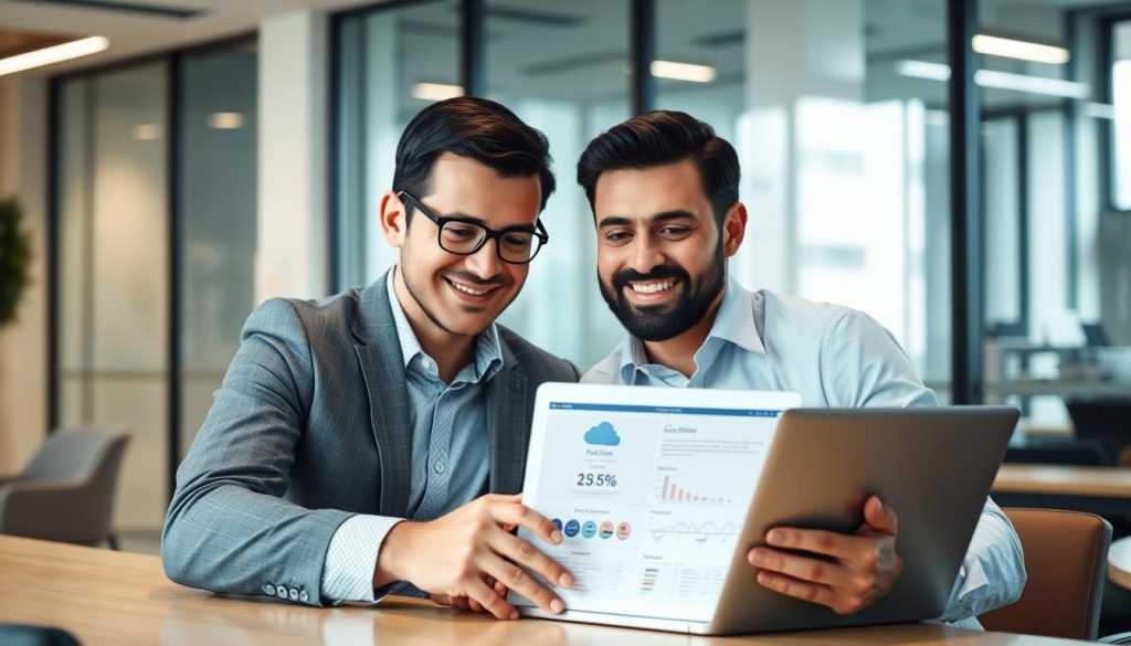 AWS consultant and client reviewing successful cloud implementation results