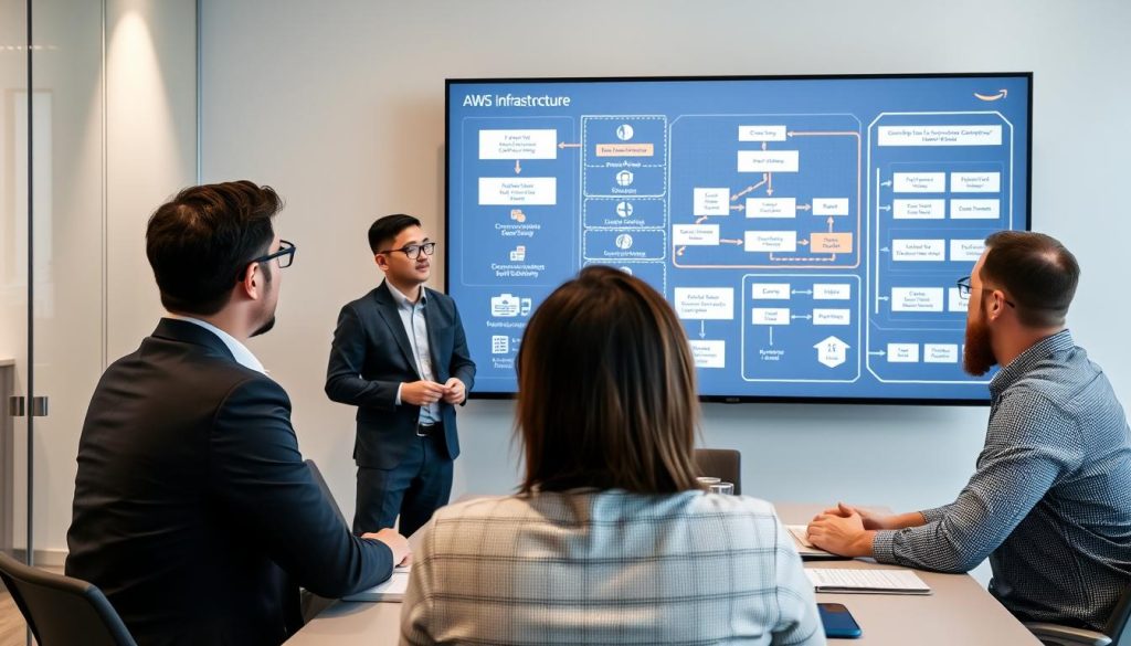 AWS infrastructure architecture diagram being reviewed by consultants