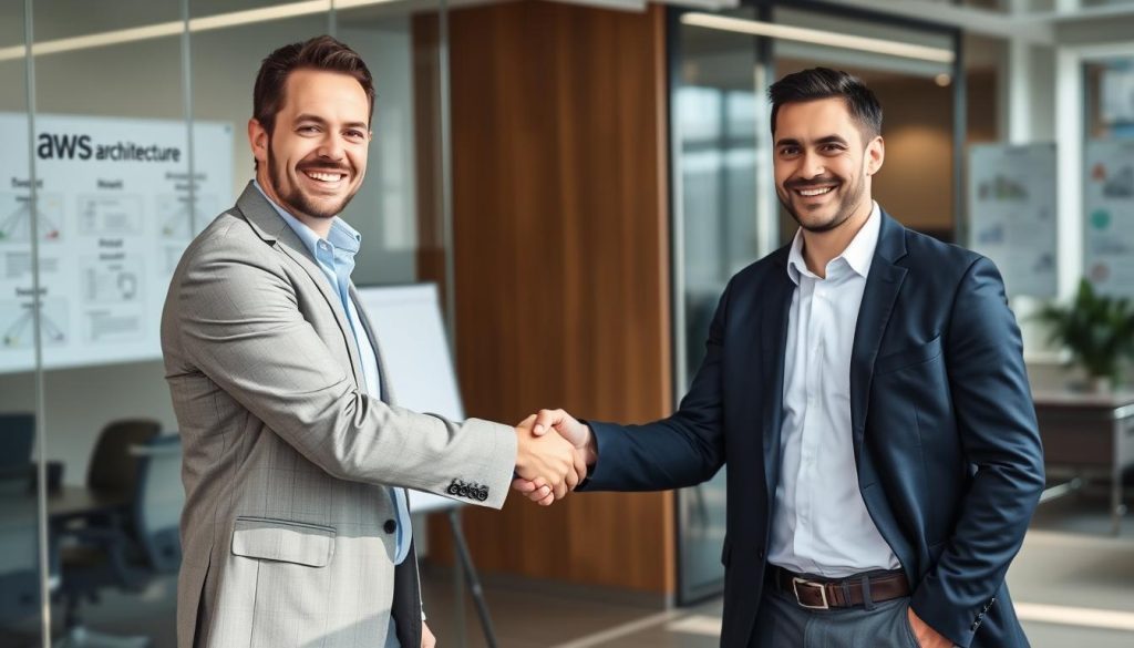 AWS security consultant shaking hands with client after successful meeting
