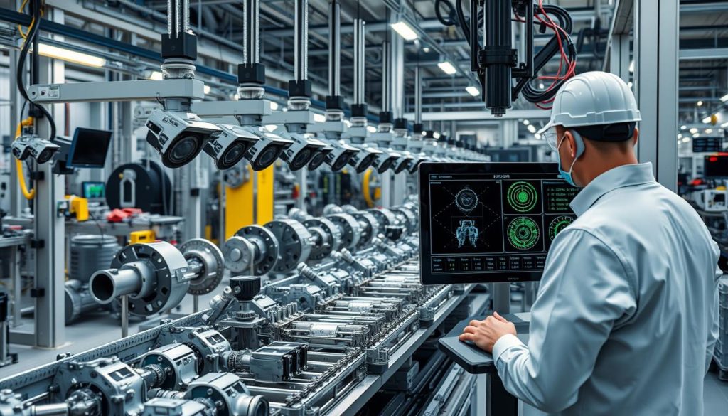 Automotive parts manufacturing line with AI vision inspection system installed