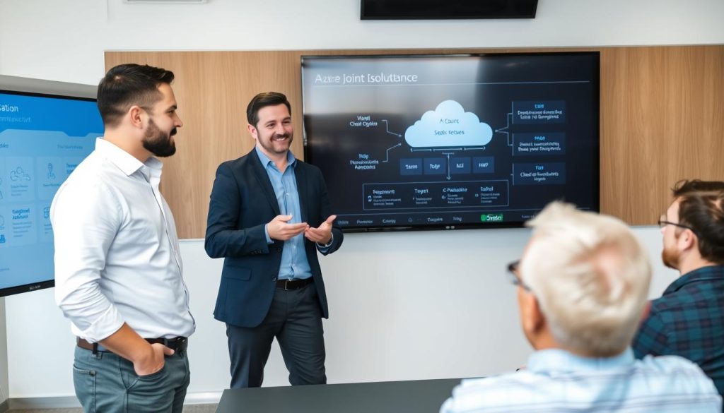 Azure Cloud Consultant presenting joint solution to client with Opsio team