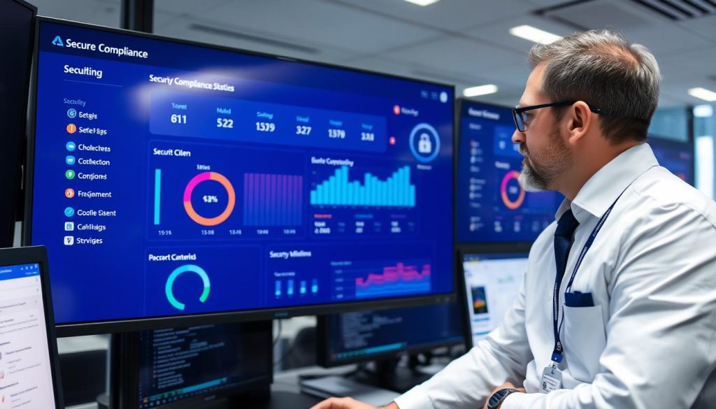 Azure Cloud Consultant reviewing security compliance dashboard