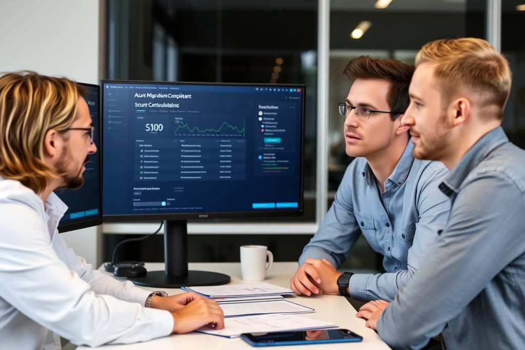 Azure Migration Consultant reviewing security compliance dashboard