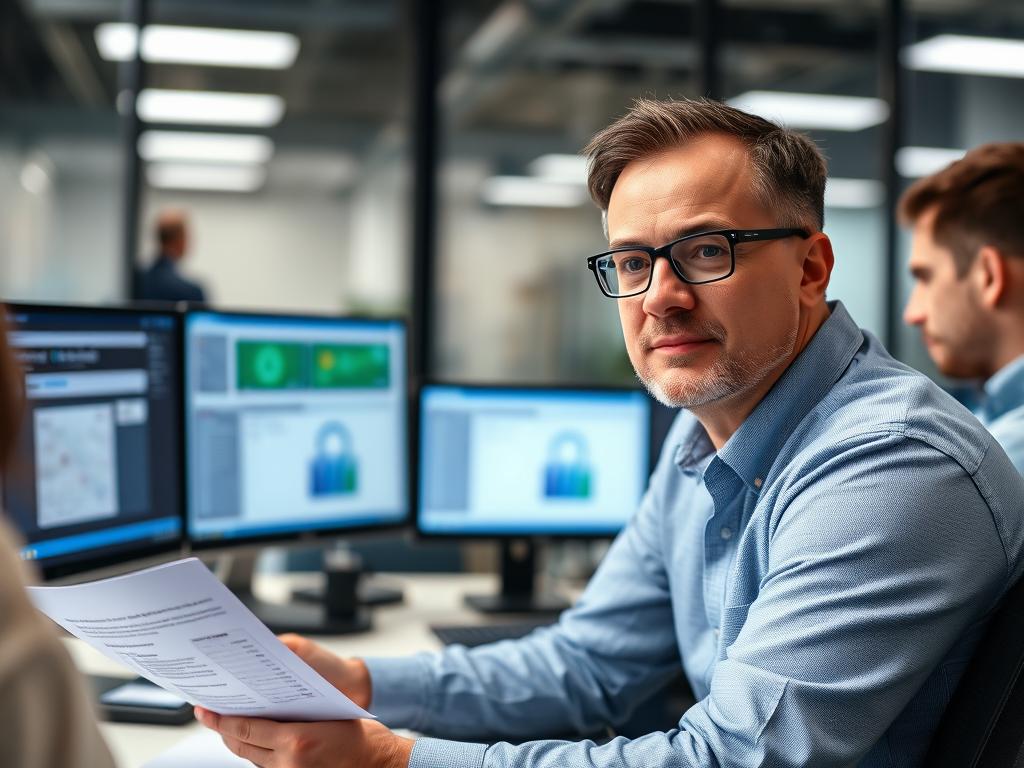 Azure Migration Consultant reviewing security compliance documentation
