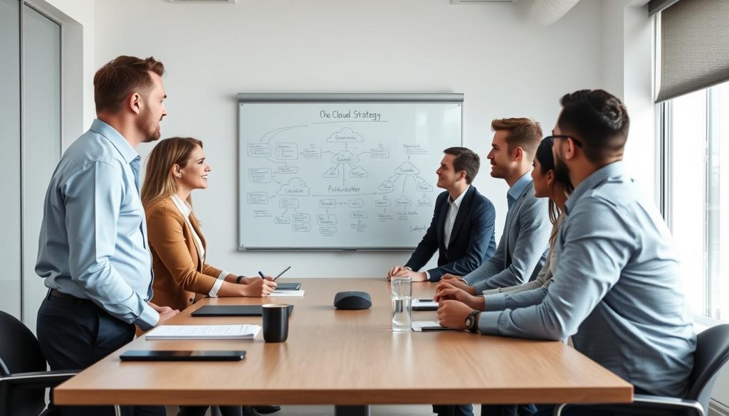 Azure consultant discussing cloud strategy with client team