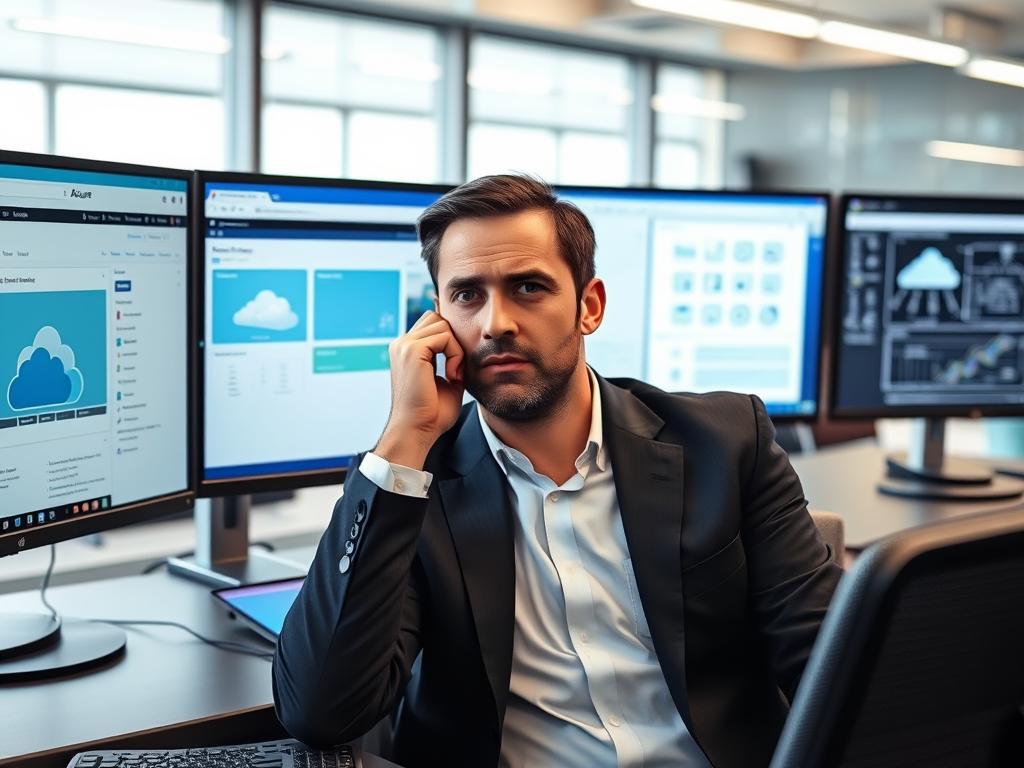 Azure consultant looking stressed while managing multiple cloud environments