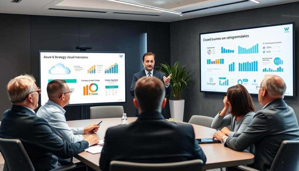 Azure consultant presenting strategic recommendations to client executives