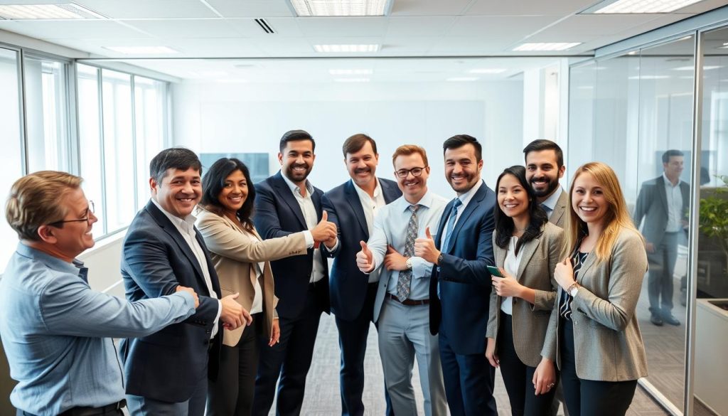 Business and IT leaders celebrating successful cloud transformation