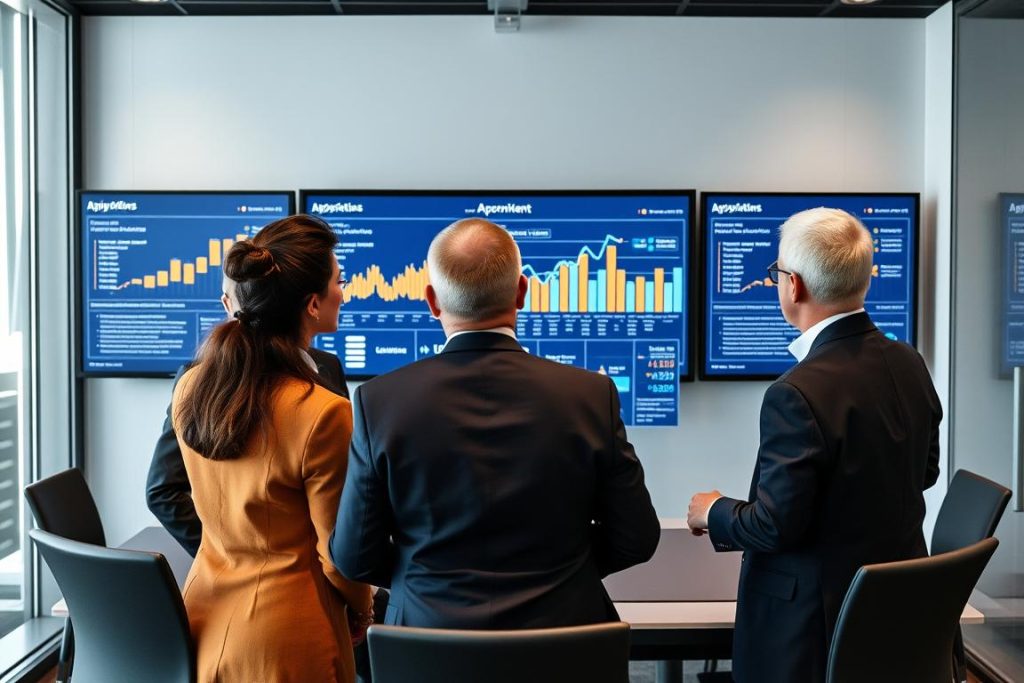 Business and IT leaders reviewing AWS migration business outcomes dashboard