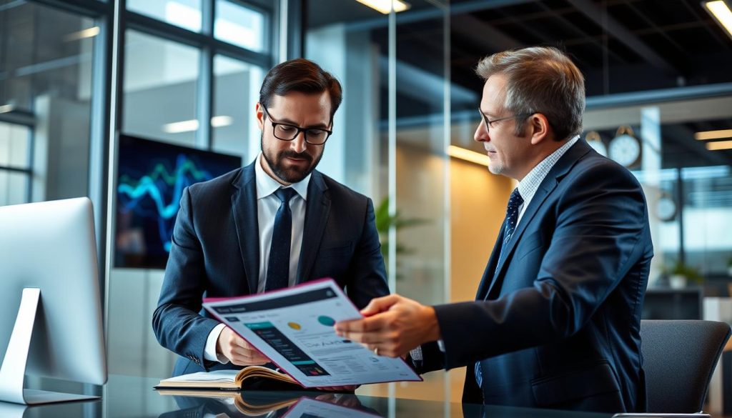 Business executive reviewing cybersecurity monitoring results with an Opsio consultant