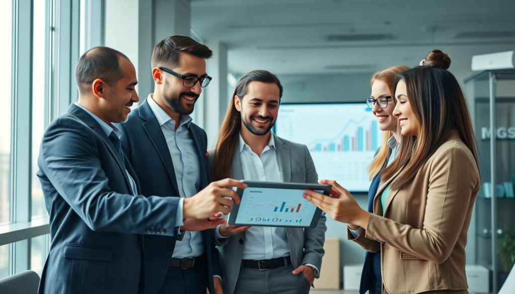 Business executive reviewing positive performance metrics with IT team