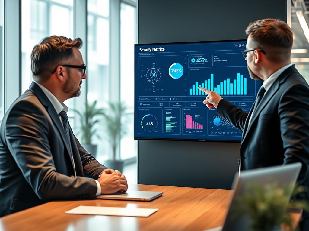 Business executives reviewing SLA Cybersecurity metrics on a dashboard