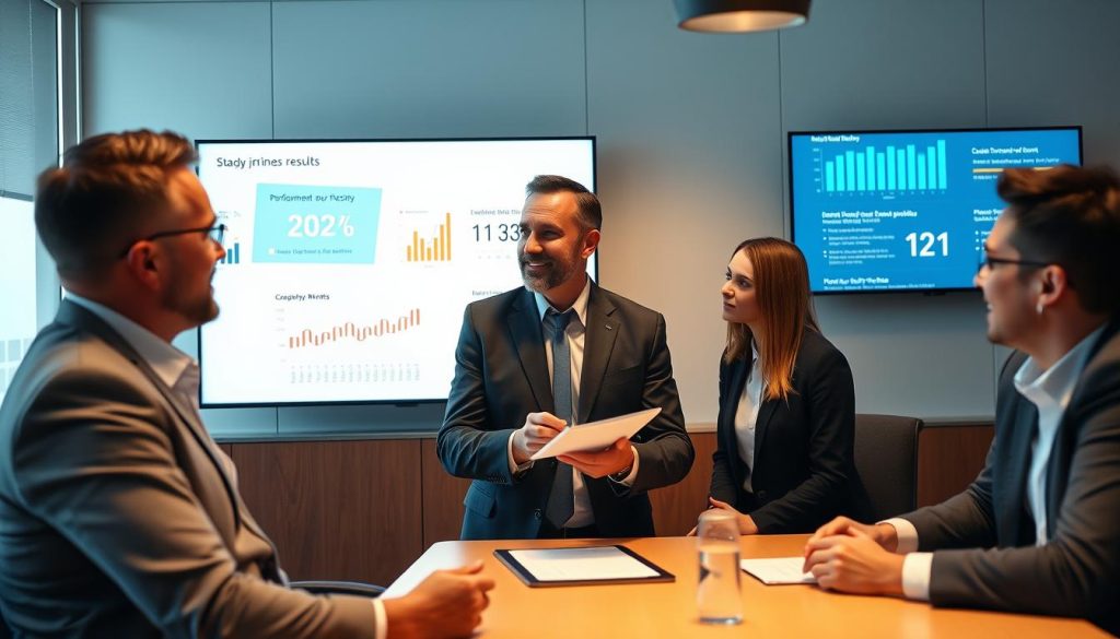 Business executives reviewing cloud implementation results