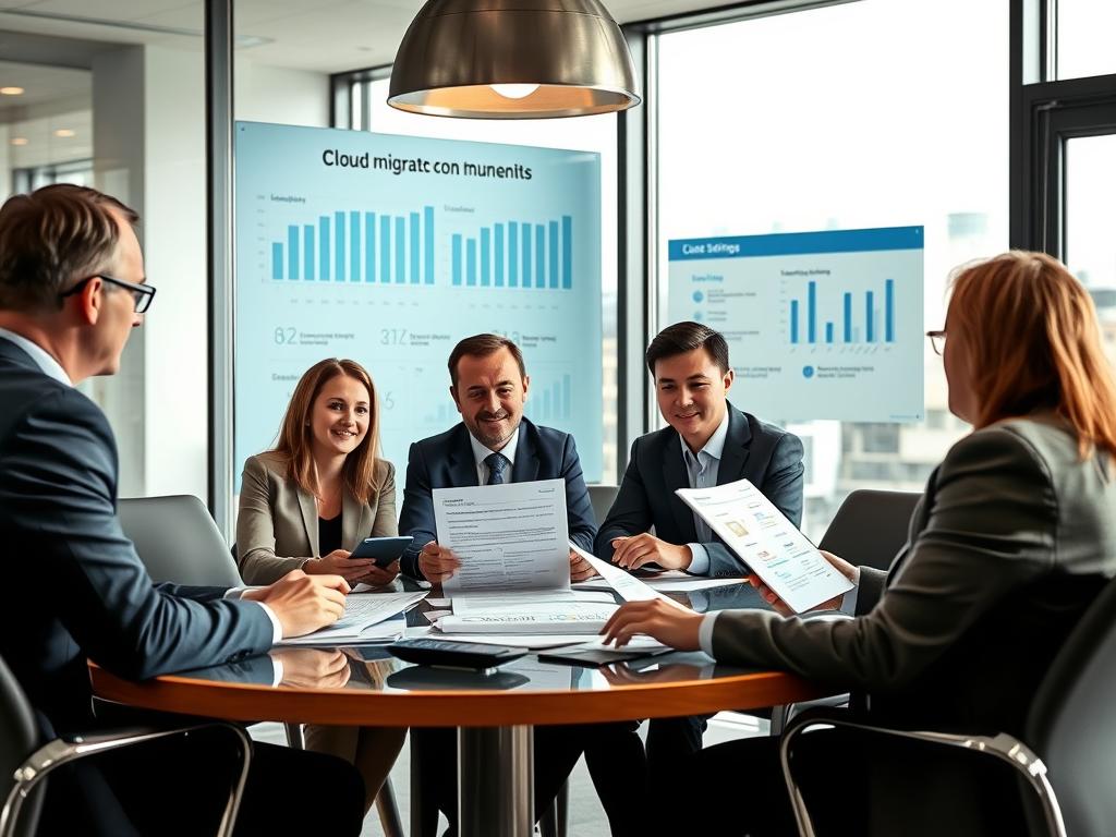 Business executives reviewing cloud migration benefits and cost savings charts
