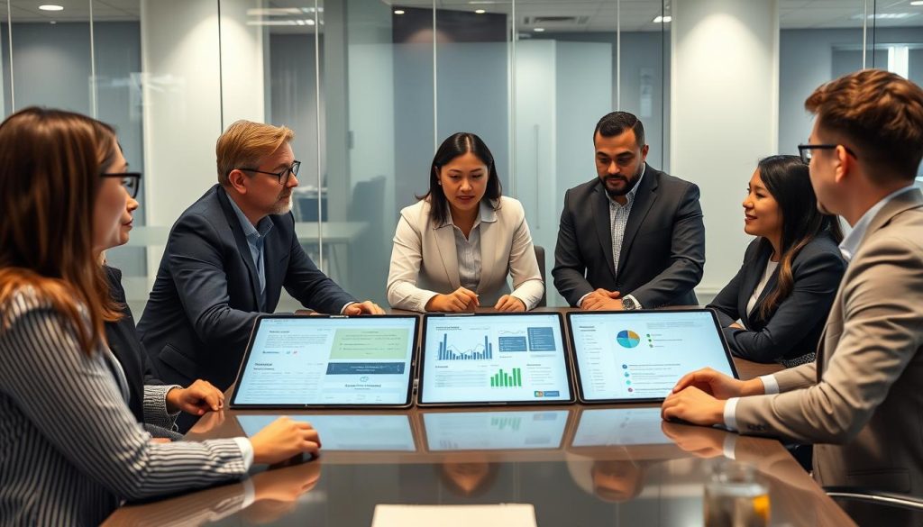 Business executives reviewing cybersecurity monitoring reports with an Opsio security consultant