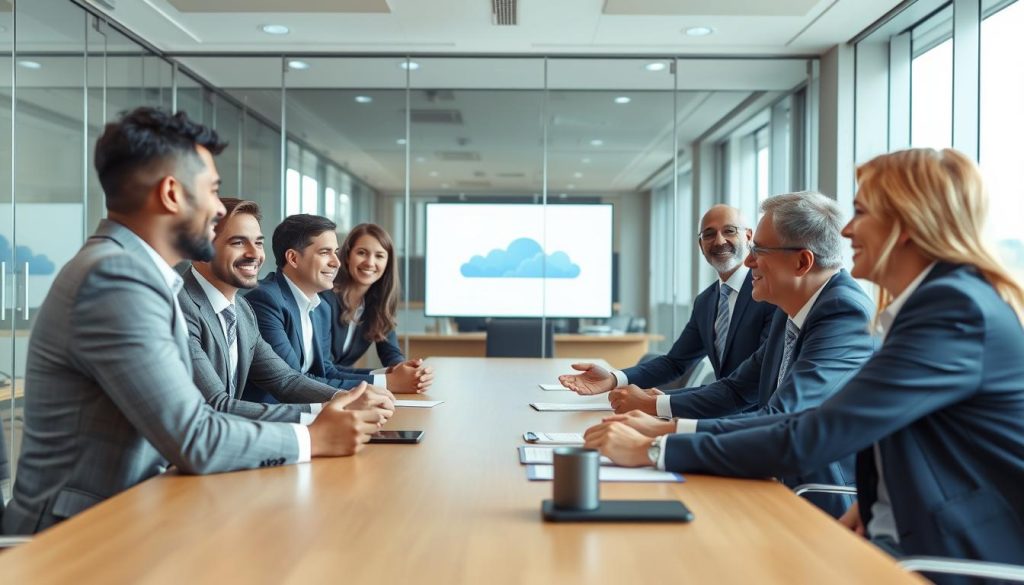 Business leaders discussing cloud security benefits in a boardroom