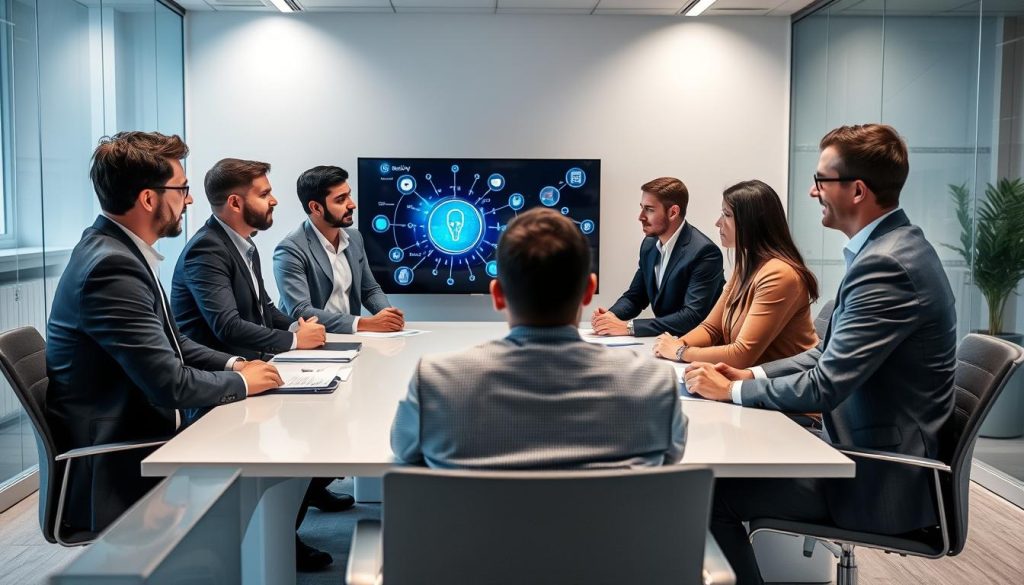 Business leaders discussing future security strategy with Opsio team