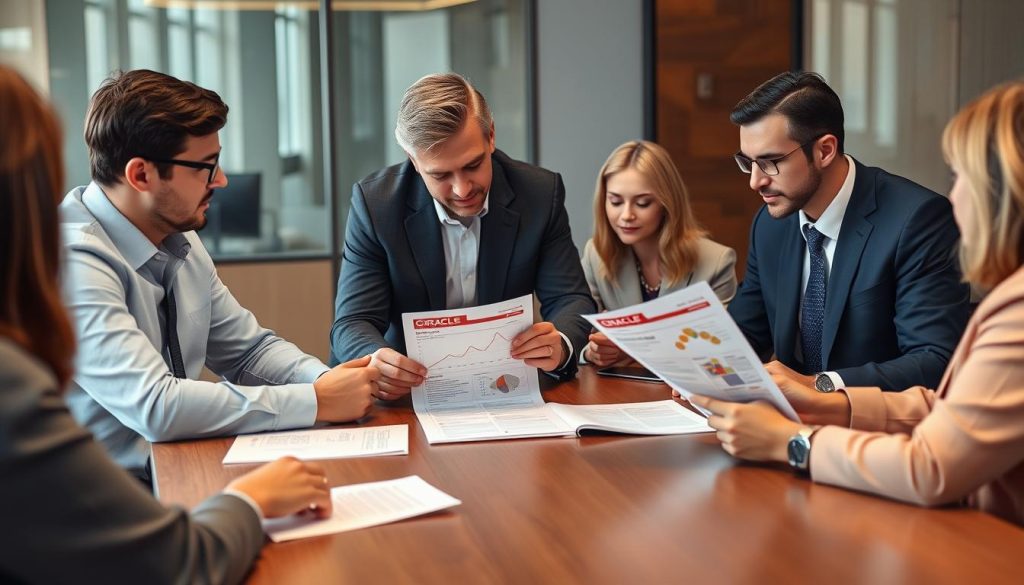 Business leaders reviewing cloud implementation case studies for AWS and Oracle