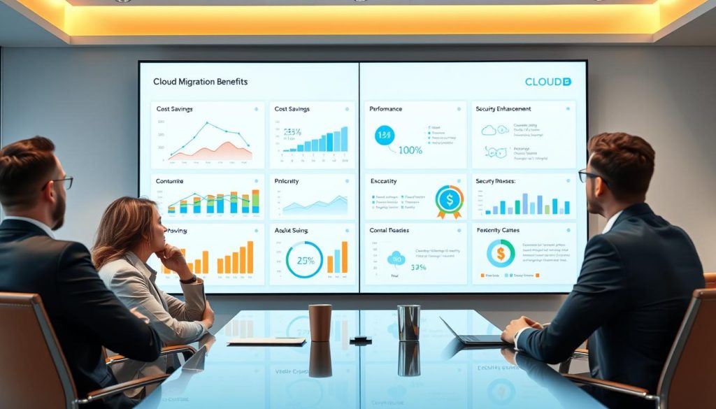 Business leaders reviewing cloud migration benefits dashboard