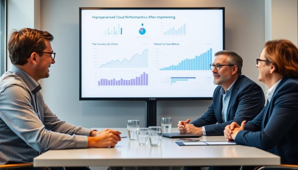 Business leaders reviewing improved cloud performance metrics
