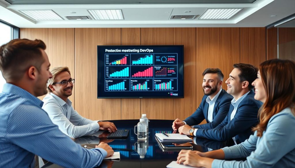 Business leaders reviewing positive metrics after DevOps implementation
