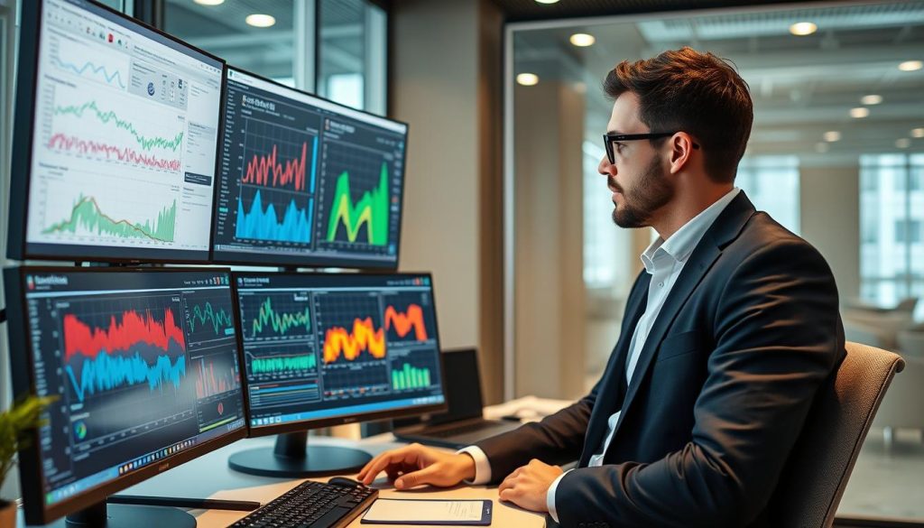 Business professional analyzing machine learning data visualizations on multiple screens Business professional analyzing machine learning data visualizations on multiple screens