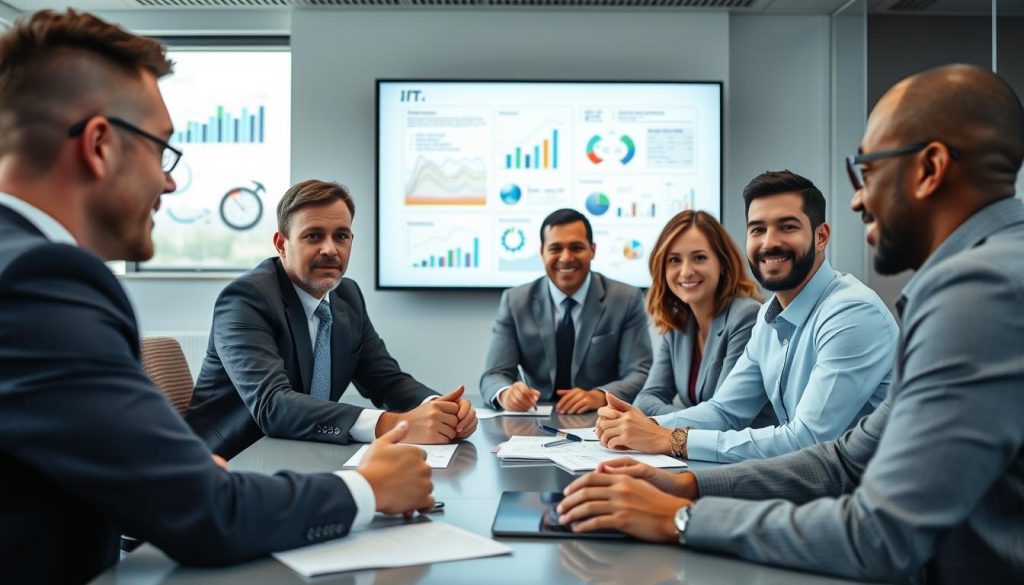 Business professionals discussing IT strategy around a conference table with digital displays showing data analytics