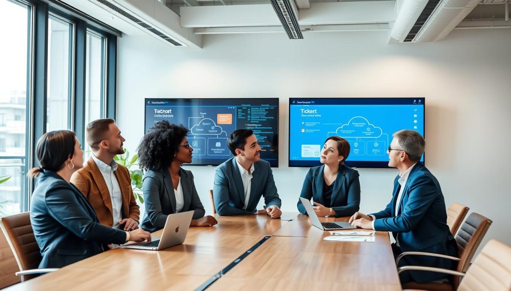 Business professionals discussing cloud implementation strategy around a conference table