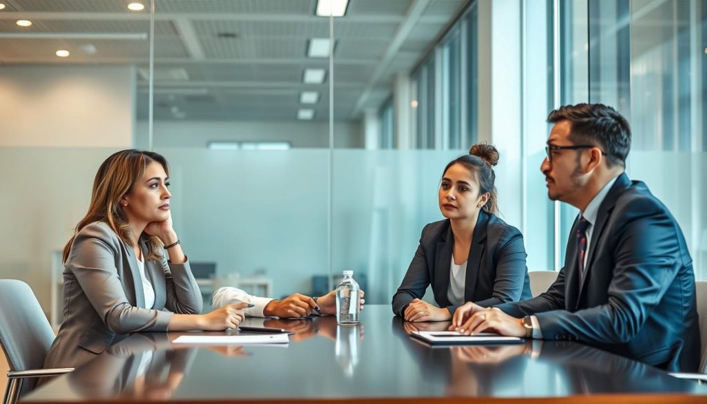 Business professionals discussing endpoint security challenges in a meeting room