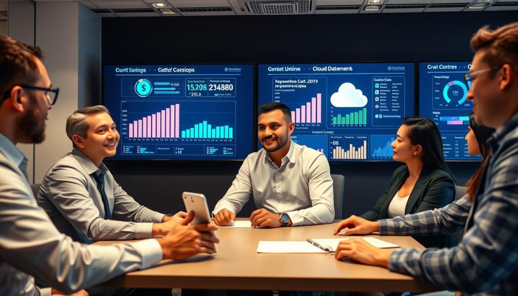 Business professionals reviewing Cloud Managed Data Center Services benefits on digital dashboard