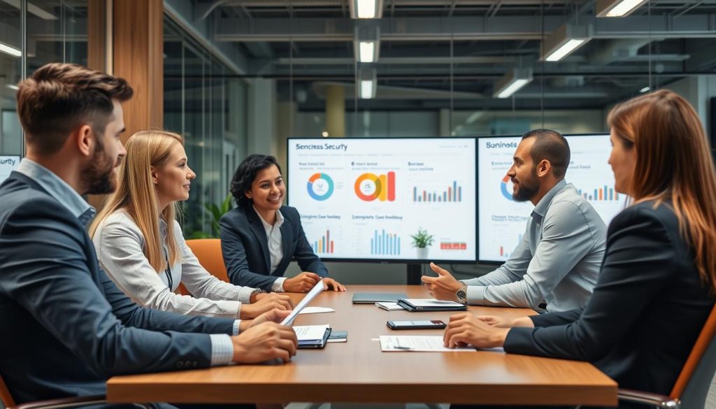 Business professionals reviewing cloud security benefits with a managed security provider