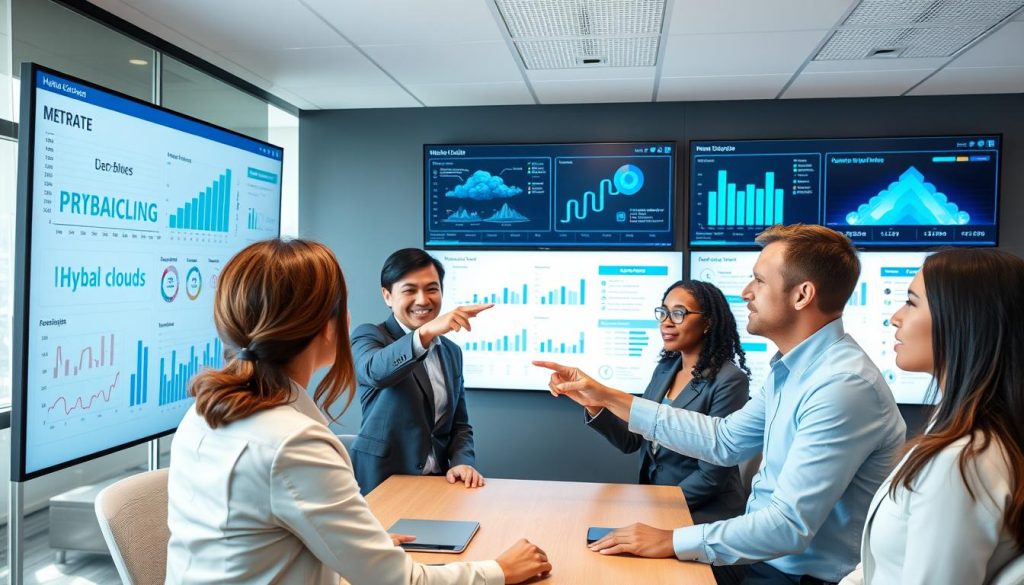 Business professionals reviewing hybrid cloud performance metrics on multiple screens