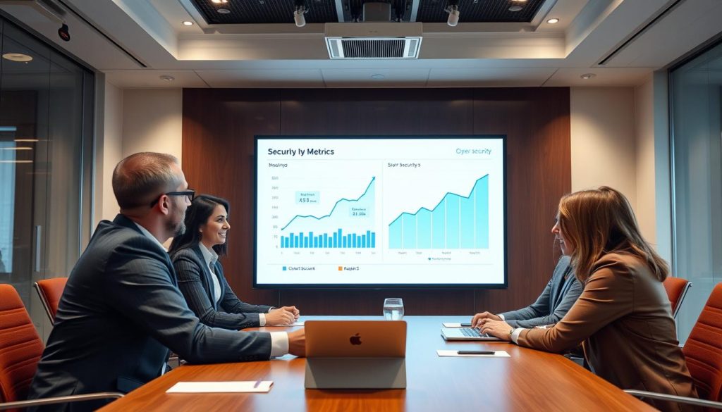 Business professionals reviewing improved security metrics after implementing Opsio's SLA Cybersecurity