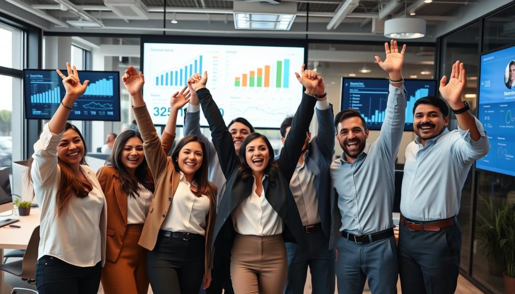 Business team celebrating successful IT implementation with growth charts on screens