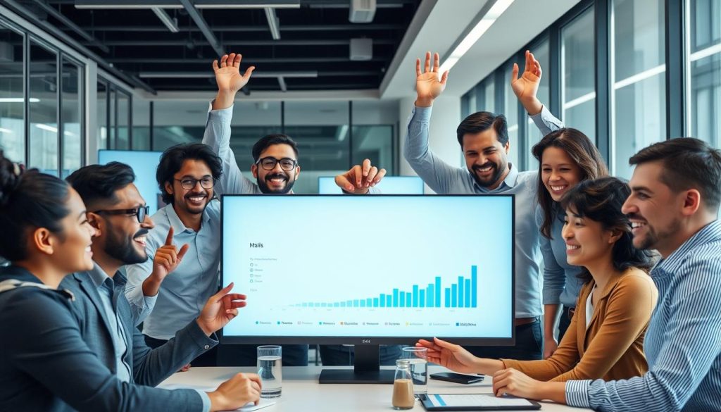 Business team celebrating successful cloud implementation