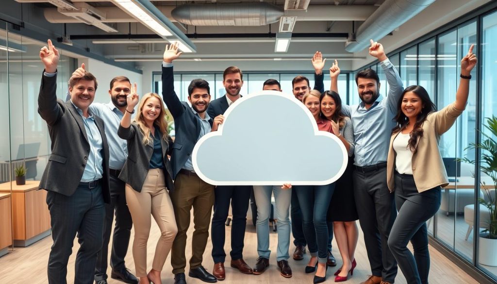 Business team celebrating successful cloud migration completion