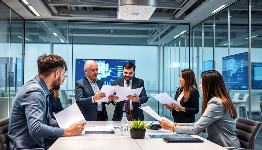Business team evaluating IT service provider proposals in a meeting room