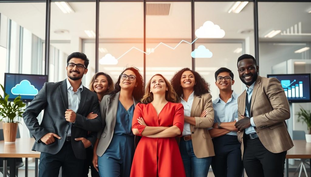 Business team looking confidently toward future growth with cloud technology