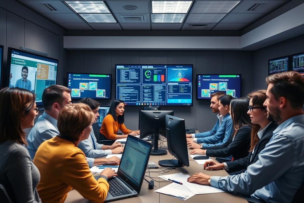 Business team managing a crisis situation in an emergency operations center Business team managing a crisis situation in an emergency operations center