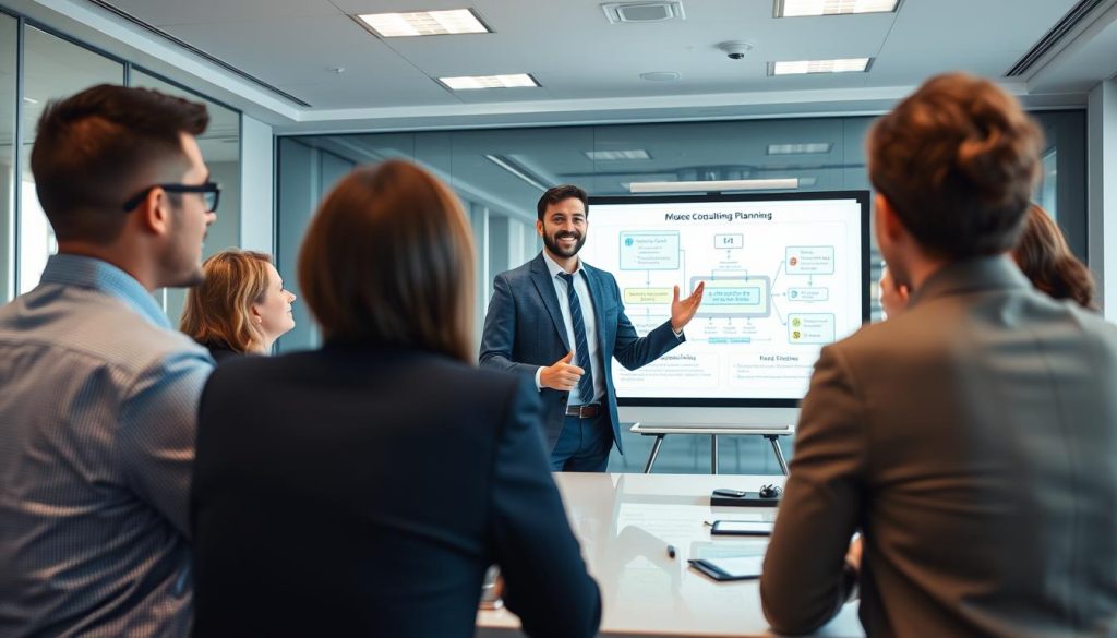 Cloud consulting analyst confidently leading a strategic cloud planning session