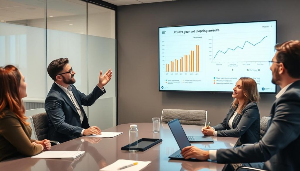 Cloud consulting analyst presenting results to satisfied clients