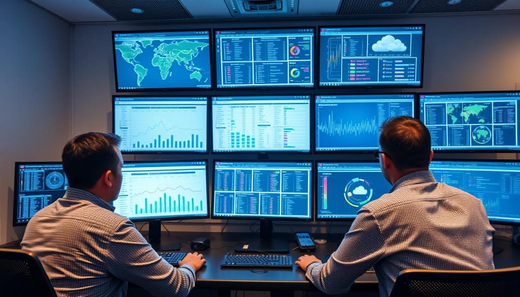 Cloud migration execution team monitoring the migration process